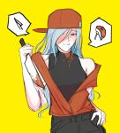  1girl backwards_hat baseball_cap black_pants black_shirt blood blood_on_clothes blood_on_knife blue_eyes blue_hair blush breasts butcher_vanity_(synthesizer_v) cleaver commentary cosplay drooling english_commentary hair_between_eyes hair_over_one_eye hand_on_own_hip hand_up hat highres hinomori_shizuku holding holding_cleaver jacket knife long_hair medium_breasts mizshimaf mole mole_under_mouth pants parted_lips project_sekai red_hat red_jacket shirt sidelocks sideways_glance simple_background sleeveless sleeveless_jacket sleeveless_shirt smile solo speech_bubble upper_body yellow_background yi_xi_(synthesizer_v) yi_xi_(synthesizer_v)_(cosplay) 