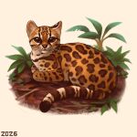 2026 alexpahomov brown_eyes brown_spots brown_stripes brown_tail_tip digital_media_(artwork) digital_painting_(artwork) dipstick_tail felid feline feral fur leopard_spots leopardus loaf mammal margay markings mud orange_body orange_fur painting_(artwork) pink_nose plant short_fur simple_background solo spots stick striped_markings striped_tail stripes tail tail_markings whisker_spots whiskers white_background white_chest 