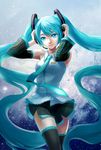  absurdly_long_hair aqua_eyes aqua_hair bare_shoulders bei_ju_luoxuan_wan detached_sleeves hatsune_miku headset highres long_hair miniskirt skirt solo thighhighs thighs very_long_hair vocaloid zettai_ryouiki 