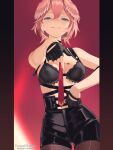  1girl black_bra black_gloves blue_eyes bra breasts commentary english_commentary fingerless_gloves gloves hair_between_eyes head_wings high-waist_shorts highres hololive large_breasts leather_shorts long_sleeves looking_at_viewer necktie no_shirt pantyhose pantyhose_under_shorts pink_hair pink_wings pointing pointing_at_viewer short_hair shorts smile solo sunsetskyline takane_lui takane_lui_(1st_costume) underwear virtual_youtuber wings 