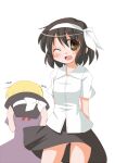  2girls arms_behind_back black_hat black_skirt blonde_hair blush bow brown_hair collared_shirt commentary_request cowboy_shot dateless_bar_"old_adam" dress fang hair_ribbon hairband hat hat_bow holding holding_unworn_clothes holding_unworn_hat kikkawa_(citrus_fruits) looking_at_viewer maribel_hearn medium_hair multiple_girls neck_ribbon one_eye_closed open_mouth purple_dress red_ribbon ribbon shirt short_sleeves skirt smelling smelling_clothes solo_focus touhou unworn_hat unworn_headwear usami_renko white_background white_bow white_hairband white_shirt 