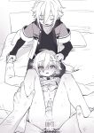 3boys blush bottomless closed_eyes clothes_lift collared_shirt commentary_request cr-r crying crying_with_eyes_open hair_between_eyes hand_grab holding_another's_leg jacket long_sleeves looking_at_viewer lying male_focus multiple_boys necktie nijisanji on_back on_bed open_clothes open_jacket ribbed_sweater shirt shirt_lift short_sleeves slim_legs sweater sweater_vest tears uzuki_kou uzuki_kou_(2nd_costume) uzuki_kou_(3rd_costume) vest yaoi 
