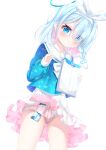  1girl :3 arona_(blue_archive) blue_archive blue_eyes blue_hair blue_halo blue_pupils blue_shirt blush bow bow_hairband bowtie braid closed_mouth colored_inner_hair commentary_request cowboy_shot dot_nose dutch_angle envelope eyes_visible_through_hair gacha_(game_mechanic) hair_over_one_eye hairband halo hand_up highres holding holding_envelope index_finger_raised long_sleeves looking_at_viewer medium_hair miniskirt multicolored_hair object_in_clothes object_in_panties panties pantyshot pink_hair pink_panties pleated_skirt print_shirt recruitment_(blue_archive) sailor_collar shirt short_braid side_braid simple_background single_braid skirt solo sparkling_eyes standing swept_bangs ticket triangle_print two-tone_hair underwear upskirt white_background white_bow white_bowtie white_hairband white_sailor_collar white_skirt yottacc 