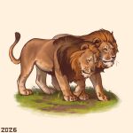  2026 alexpahomov brown_mane claws dirt duo eyes_closed felid feral fur grass lion male mammal mane pantherine paws plant quadruped red_nose side_by_side simple_background tail tail_tuft tan_body tan_fur tuft walking whisker_spots whiskers white_background yellow_eyes 