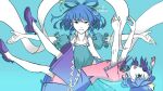  2girls blue_background blue_dress blue_hair closed_mouth commentary_request dress hagoromo hair_ornament hair_rings hair_stick hat hat_ornament jiangshi kaku_seiga lace-trimmed_sleeves lace_trim looking_at_viewer miyako_yoshika multiple_girls newsboy_cap ofuda open_clothes open_mouth open_vest outstretched_arms puffy_short_sleeves puffy_sleeves purple_hat purple_shoes red_shirt saika_toho shawl shirt shoes short_sleeves simple_background smile spread_arms star_(symbol) star_hat_ornament touhou vest white_shawl white_vest zombie_pose 
