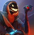  alternate_costume ana_(overwatch) candy deamonett evil_smile food ghoul_ana glowing glowing_eyes halloween_costume highres hood mask open_mouth overwatch smile solo upper_body 
