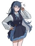  1girl alternate_hair_length_(longer) black_hair black_overskirt black_vest blue_ribbon blue_skirt blush breasts collared_shirt commentary commission cosplay cowboy_shot ena_25ji gakuen_idolmaster grey_eyes grey_shirt grin hair_between_eyes hand_on_own_hip hand_up hataya_misuzu hataya_misuzu_(cosplay) hatsuboshi_gakuen_school_uniform highres ichika_(blue_archive) idolmaster long_hair long_sleeves looking_at_viewer neck_ribbon project_sekai ribbon school_emblem school_uniform shirt shirt_tucked_in sidelocks simple_background skirt smile solo very_long_hair vest watermark white_background wing_collar 