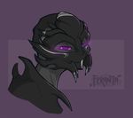  2016 alien black_body bust_portrait colored fan_character feranta half-closed_eyes humanoid light looking_at_viewer markings mass_effect namira no_pupils pink_sclera portrait purple_background purple_eyes shaded side_view signature simple_background smile solo standing toony turian video_games white_markings 