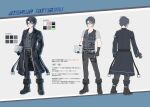  1boy absurdres black_boots black_coat black_gloves black_pants blue_eyes blue_hair boots bulletproof_vest character_name character_profile clipboard coat color_guide commentary_request glasses gloves highres holding holding_clipboard long_sleeves male_focus microphone multiple_views open_clothes open_coat original pants reference_sheet same1029 short_hair translation_request 
