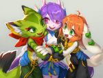  3girls animal_ears animal_nose anklet basset_hound black_gloves black_jumpsuit black_nose black_tank_top blue_shorts carol_tea cat_ears cat_girl chinese_knot dog_girl dog_tail dragon_girl dragon_horns earphones fang fingerless_gloves freedom_planet freedom_planet_2 furry furry_female gloves green_eyes green_fur green_shorts highres horns jewelry jumpsuit long_animal_ears long_hair milla_basset multiple_girls orange_hair purple_hair red_scarf romper sash_lilac scarf short_hair shorts sleeveless_jumpsuit starcat_bloom striped_fur tail tank_top white_fur 