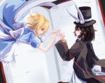  2girls :o alice's_adventures_in_wonderland alice_(alice_in_wonderland) alice_(alice_in_wonderland)_(cosplay) apron back_bow black_coat black_hat blonde_hair blue_dress blue_eyes book bow brown_eyes brown_hair coat commentary_request cosplay cowboy_shot crodelia0915 dress fake_tail from_side hair_bow hat highres maribel_hearn medium_hair multiple_girls open_book open_mouth rabbit_ear_headwear rabbit_tail short_sleeves smile string string_of_fate tail touhou trench_coat usami_renko white_apron white_bow white_dress white_rabbit_(alice_in_wonderland) white_rabbit_(alice_in_wonderland)_(cosplay) 