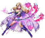  blonde_hair blue_eyes blue_footwear boots breasts cape celes_chere cleavage final_fantasy final_fantasy_vi green_leotard knee_boots large_breasts leotard long_hair magic official_art scimitar solo sword weapon 