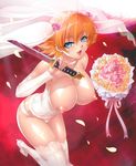  1girl bare_shoulders blonde_hair blue_eyes blush breasts bride cleavage female gown igawa_sakura kagami_hirotaka knife large_breasts looking_at_viewer naughty_face nipples open_mouth shiny_skin short_hair smile solo taimanin_(series) taimanin_asagi taimanin_asagi_battle_arena thighhighs thong veil 