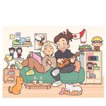  1boy 1girl absurdres ace_attorney ahoge beard_stubble black_eyes black_hoodie black_nails blonde_hair book book_stack border brown-framed_eyewear brown_hair brown_hoodie brown_pants canadian_flag cat character_figure coffee_table commission copyright_name couch couple cup curly_hair desk_lamp double-parted_bangs drawer drawing_tablet english_commentary eye_contact facial_hair figure_four_sitting green_socks grey_pants grey_socks haikyuu!! hair_bun handheld_game_console harry_potter harry_potter_(series) hetero highres holding holding_drawing_tablet holding_instrument holding_stylus holding_ukulele hood hood_down hoodie indoors instrument knees_up lamp living_room long_hair looking_at_another miles_edgeworth naruto_(series) nintendo_switch on_couch one_eye_closed orange_cat pants pet_bed phoenix_wright photo_(object) plant playing_instrument poke_ball poke_ball_(basic) pokemon polaroid_photo poster_(object) potted_plant print_scarf real_life red_lips round_eyewear scarf shelf shoulder-to-shoulder side_part single_hair_bun sitting smile snow_globe socks stubble stylus sweatpants table tareme teacup teeth ukulele undercut uzumaki_naruto walayssa wall_shelf white_border white_cat wizarding_world wooden_floor wooden_table 