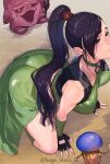  1girl absurdres ass black_gloves black_hair blush boots breasts commentary_request dragon_quest dragon_quest_xi fellatio fingerless_gloves gloves hands_on_floor highres implied_fellatio kagematsuri kneeling martina_(dq11) oral ponytail purple_eyes solo toned 