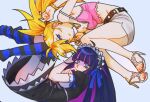  2girls black_dress blunt_bangs colored_inner_hair dress frilled_hairband frills green_eyes grey_skirt hairband high_heels high_ponytail highres looking_at_viewer multicolored_hair multiple_girls panty_&amp;_stocking_with_garterbelt panty_(psg) pink_shirt ponytail red_nails shirt skirt sltkrtm_tmzosxl stocking_(psg) streaked_hair striped_clothes striped_hair striped_thighhighs thighhighs two-tone_hair 