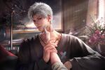  1boy 3d bandaid bandaid_on_neck bishounen black_sweater closed_mouth earrings flower game_asset hand_on_another's_face highres indoors jewelry long_sleeves looking_at_viewer love_and_deepspace male_focus necklace non-web_source official_art out_of_frame plant potted_plant pov pov_hands red_eyes red_flower rose self-datamine shirt short_hair solo_focus sunlight sweater sylus_(love_and_deepspace) upper_body vase white_hair window 