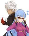  1boy 1girl anger_vein annoyed artist_request blue_hair breasts brown_eyes cross_necklace dark_skin gloves jacket jewelry k&#039; king_of_fighters kula_diamond long_hair musical_note parted_lips red_eyes red_gloves shiny shiny_hair short_hair smile sunglasses the_king_of_fighters white_hair 