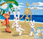  absurd_res anthro b1_battle_droid beach bikini canine clothed clothing dialogue digital_media_(artwork) disney female fox hi_res judy_hopps lagomorph long_ears machine male mammal nick_wilde officer-judyhopps_(artist) outside rabbit robot seaside speech_bubble star_wars swimsuit zootopia 