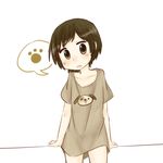  1girl brown_hair female open_mouth paw_print rori_(4chan) short_hair solo t-shirt white_background 