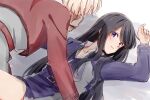  2girls arm_up bare_legs belt black_hair blonde_hair blue_belt blue_jacket blush collarbone collared_shirt girl_on_top green_ribbon highres inoue_takina jacket kage_ochi long_hair long_sleeves looking_at_another lycoris_recoil lycoris_uniform lying multiple_girls nishikigi_chisato on_back open_mouth partially_unbuttoned purple_eyes red_belt red_jacket ribbon shirt short_hair untied_ribbon white_shirt yuri 