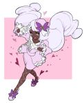  1girl dark-skinned_female dark_skin dress eyelashes fishnet_pantyhose fishnets floating_hair from_above gloves hair_ornament hands_up heart high_heels highres inset_border jacinthe_(pokemon) jewelry long_hair long_sleeves looking_at_viewer lower_teeth_only open_mouth pantyhose pink_background pokemon pokemon_legends:_z-a puffy_sleeves purple_dress ring shoes simple_background smile teeth tnp 