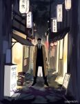  1boy black_hair black_necktie brown_coat cityscape closed_mouth coat commentary_request highres jujutsu_kaisen kusakabe_atsuya lantern long_coat male_focus necktie oberon0614 open_clothes open_coat paper_lantern short_hair solo 
