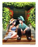  1boy 1girl :d a_uroraxd aqua_hat bare_shoulders black_hair black_pants black_shoes blue_eyes blue_hair blue_shirt braid brown_eyes chinese_clothes closed_mouth commentary_request frilled_shirt frills full_body hat highres holding holding_ice_cream_cone ice_cream_cone leaf off_shoulder offering_food pants plant ranma_1/2 saotome_ranma saotome_ranma_(male) shirt shoes short_hair single_braid sitting sitting_on_stairs skirt slice_of_life smile spanish_commentary stairs straw_hat tangzhuang tendou_akane white_shoes white_skirt 