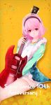  alternate_hair_length alternate_hairstyle blush breasts commentary_request electric_guitar guitar headphones highres instrument large_breasts looking_at_viewer nitroplus pink_eyes pink_hair red_eyes short_hair smile solo super_sonico tarbo_(exxxpiation) 