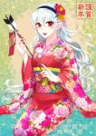  1girl arrow female_my_unit_(fire_emblem_if) fire_emblem fire_emblem_if floral_print flower hair_between_eyes hair_flower hair_ornament hair_ribbon hairband highres japanese_clothes kimono long_hair looking_at_viewer my_unit_(fire_emblem_if) nail_polish new_year nintendo obi open_mouth red_eyes red_nails ribbon sash silver_hair smile solo taguchi_(igutiguti) wavy_hair wide_sleeves 