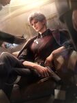  1boy 3d belt black_jacket black_pants black_shirt chair closed_mouth collared_shirt couch crossed_legs game_asset grey_hair gun handgun highres holding holding_gun holding_weapon indoors jacket jacket_on_shoulders love_and_deepspace male_focus money multiple_boys non-web_source official_art pants red_shirt self-datamine shirt short_hair sitting smile solo_focus sylus_(love_and_deepspace) sylus_(relentless_conqueror)_(love_and_deepspace) weapon white_hair 