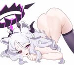  1girl ahoge animal_ear_fluff animal_ears ass back black_halo black_thighhighs blue_archive blush chinese_commentary clenched_hand commentary demon_horns dog_ears dog_girl feet_out_of_frame furrowed_brow hair_spread_out halo heart highres hina_(blue_archive) horns kemonomimi_mode long_hair looking_at_viewer missing_wings nude purple_eyes simple_background skindentation solo speech_bubble spoken_heart sweat tearing_up tears thighhighs top-down_bottom-up white_background white_hair younideyifengxin 