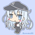  1girl anchor_symbol black_hat black_sailor_collar black_skirt black_thighhighs blue_background blue_eyes blue_hair blue_outline blush chibi chibi_only commentary_request double-parted_bangs flat_cap full_body grey_shoes hair_between_eyes hat hat_pin hibiki_(kancolle) kantai_collection long_hair long_sidelocks long_sleeves looking_at_viewer neckerchief open_mouth outline pleated_skirt red_neckerchief sailor_collar shirt shoes shrugging sidelocks simple_background skirt solo standing thighhighs twitter_username umineko212 very_long_hair white_outline white_shirt 