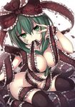  alternate_costume arched_back ass between_breasts black_legwear breasts commentary_request facial_mark frills green_eyes green_hair highres janne_cherry kagiyama_hina large_breasts looking_at_viewer mouth_hold naked_ribbon red_ribbon ribbon smile solo thighhighs touhou white_background 