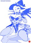  1girl book breasts cleavage elbow_gloves large_breasts looking_at_viewer mercy_(overwatch) monochrome overwatch thick_thighs witch_hat witchking00 