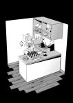  ... 1girl absurdres ahoge black_background blue_archive board_game buttons chair cherino_(blue_archive) cherino_(portrait)_(blue_archive) chess chocolate closed_eyes coffee_pot commentary_request counter cup cupboard double-breasted drinking faux_figurine food general_student_council_president_(blue_archive) greyscale halo highres holding holding_cup imijikumo36 jacket jar kaya_(blue_archive) kettle kitchen monochrome necktie pinky_out playing_chess portrait_(object) sidelocks simple_background sitting solo speech_bubble spoken_ellipsis teacup updo 