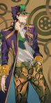  1boy absurdres animal_print baseball_cap belt brown_belt brown_pants chain coat hat highres ibaraki_shun jojo_no_kimyou_na_bouken kujo_jotaro leopard_print long_coat male_focus open_clothes open_coat pants purple_coat purple_hat shirt solo star_(symbol) star_print stone_ocean white_shirt 