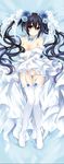  black_hair covering covering_breasts dakimakura detached_collar dress elbow_gloves flower full_body gloves hair_flower hair_ornament highres looking_at_viewer lying neptune_(series) noire panties red_eyes smile solo tsunako twintails underwear wedding_dress white_gloves white_legwear 