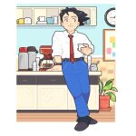  1boy ace_attorney against_table belt black_eyes black_hair black_shoes blue_pants border brown_belt cabinet clock closed_mouth coffee_maker collared_shirt crossed_ankles cup english_commentary formal_clothes full_body hair_slicked_back highres holding holding_cup indoors kitchen light_smile looking_to_the_side male_focus necktie outside_border pants phoenix_wright plant plate potted_plant red_necktie shelf shirt shoes short_hair sleeves_rolled_up solo standing sticky_note sugar_bowl tareme teacup walayssa wall_clock watch white_border white_shirt whiteboard wooden_floor wristwatch 