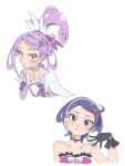  2girls bare_shoulders black_gloves collarbone commentary cure_sword dokidoki!_precure dual_persona finger_to_own_chin gloves hair_ornament highres kakawamasu_(masu_0421) kenzaki_makoto looking_at_viewer multiple_girls precure purple_eyes purple_hair simple_background smile spade_hair_ornament white_background 