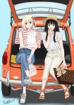  2girls absurdres aqua_background bag black_hair blonde_hair blue_eyes blue_pants brown_bag brown_sandals car car_trunk clothes_on_shoulders commentary_request crew_neck crossed_legs dated denim full_body grey_shoes grin hair_ribbon hand_on_own_elbow hand_up hat highres holding holding_bag iganin_r inoue_takina jeans long_hair long_sidelocks looking_at_viewer lycoris_recoil motor_vehicle multiple_girls nishikigi_chisato open_door orange_car pants red_eyes red_ribbon ribbon sandals shirt shirt_tucked_in shoes short_hair short_sleeves sidelocks signature simple_background sitting smile sneakers straight_hair straw_hat striped_clothes t-shirt unworn_clothes white_pants white_shirt 