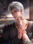  1boy 3d bandaid bandaid_on_neck black_sweater closed_mouth game_asset hand_on_another's_face highres indoors jewelry long_sleeves looking_at_viewer love_and_deepspace male_focus multiple_boys necklace non-web_source official_art pov pov_hands realistic red_eyes self-datamine short_hair solo_focus sweater sylus_(love_and_deepspace) upper_body white_hair yaoi 