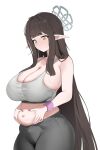  1girl absurdres alternate_costume ammak blue_archive breasts brown_hair cleavage commentary_request curvy halo hands_on_own_stomach highres huge_breasts long_hair misuzu_(blue_archive) nail_polish navel pants plump pointy_ears sideboob simple_background solo sports_bra stomach very_long_hair white_background wristband yellow_eyes yoga_pants 