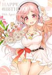  belt birthday blush bouquet breasts commentary_request dress flower hair_ornament hairclip happy_birthday headphones highres kanjitomiko large_breasts long_hair looking_at_viewer nitroplus open_mouth pink_eyes pink_hair smile solo super_sonico 