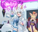  2girls ahoge animal_ear_fluff animal_ears blonde_hair blue_eyes bow chinese_commentary coat comifree_lin commentary_request drooling fang fire fishnets flask fox_girl fox_tail grey_hair hair_between_eyes hands_up highres holding holding_test_tube indoors jaggy_lines japanese_clothes kimono lab_coat long_hair long_sleeves looking_at_another multiple_girls necktie obi oekaki off_shoulder open_clothes open_coat open_mouth original pixel_art purple_kimono red_eyes rope round-bottom_flask sash shirt single_thighhigh smile standing tail test_tube thighhighs white_hair wide_sleeves 