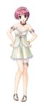  aiyoku_no_eustia bekkankou blush collar flower full_body hair_flower hair_ornament hands_on_hips highres jewelry looking_at_viewer night_clothes nightgown open_mouth panties pink_hair purple_eyes risa_(aiyoku_no_eustia) sandals see-through short_hair simple_background solo standing underwear white_background 