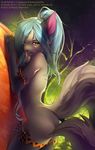  5_fingers anthro blue_hair breasts clothed clothing female fluffy_til fur grees_eye grey_fur hair mammal pink_nose side_boob solo teeth tofu93 tongue topless wide_hips 