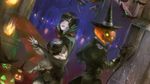  ahriman au_ra bat black_hair cape fangs final_fantasy final_fantasy_xiv ghost gloves halloween hat highres horns jack-o'-lantern looking_at_viewer multiple_girls official_art red_eyes short_hair whip witch_hat 