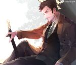  1boy black_eyes black_hair brown_coat cigarette coat commentary green_necktie holding holding_sword holding_weapon jujutsu_kaisen kusakabe_atsuya long_coat male_focus necktie oberon0614 open_clothes open_coat short_hair solo sword untranslatable_commentary upper_body weapon 