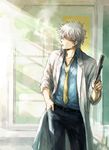  acaco bespectacled cigarette gintama glasses hand_in_pocket labcoat looking_to_the_side male_focus necktie notebook sakata_gintoki silver_hair smoking solo 